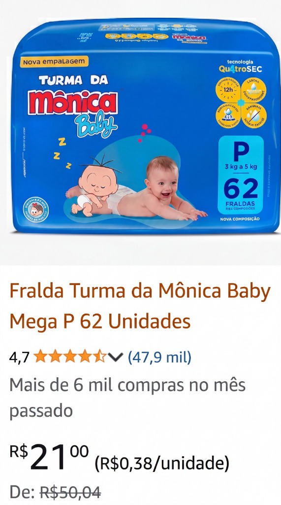 Fralda Turma da Mônica Baby Mega P - R$ 21,00