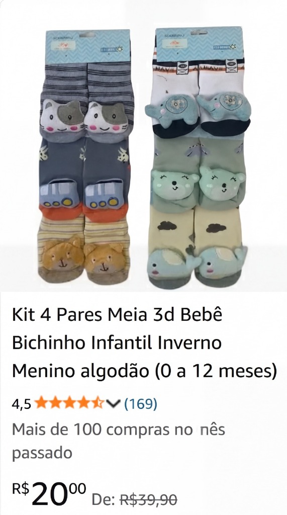 Kit 4 Pares Meia 3D Bebê - R$ 20,00
