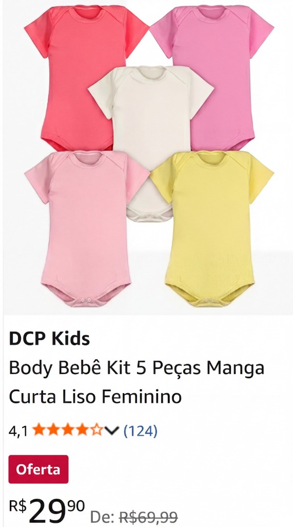 Body Bebê Kit 5 Peças Manga Curta - R$ 29,90